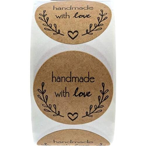 1 Roll Kraft Paper Sticker Self-adhesive DIY Sticker Handmade with Love Baking Packing Label Wrapping Stickers forGift Packaging
