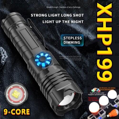 2021 Super XHP199 Powerful LED Flashlight 26650/18650 Battery USB Rechargeable Tactical Flashlight High Power Work Flash Light