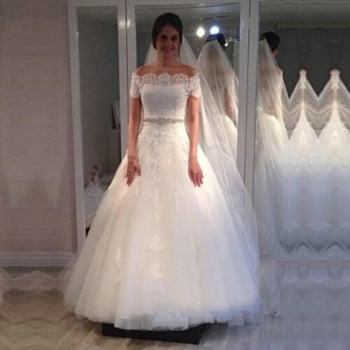 ANGELSBRIDEP Boat-Neck Ball Gown Wedding Dresses Bohemian Sexy Off-Shoulder Sash Floor-Length Formal Bride Dresses Hot