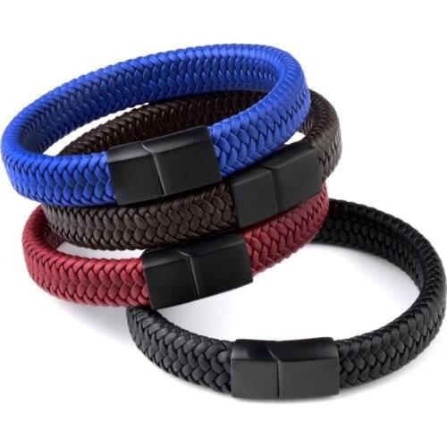 Punk Men Jewelry Braided Leather Bracelet Stainless Steel Magnetic Clasp Fashion Bangles
