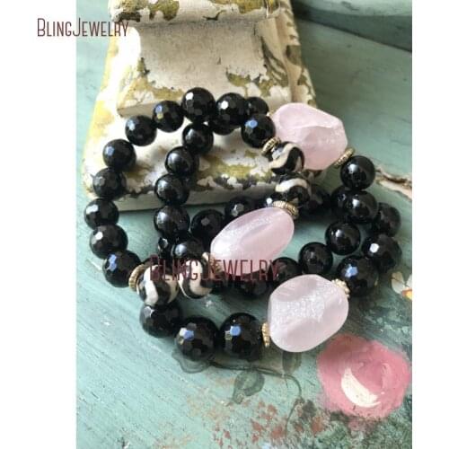 Dzi Agates Beads Bracelet Rose Quartzs Nugget Bracelet Black Onyx BM11304