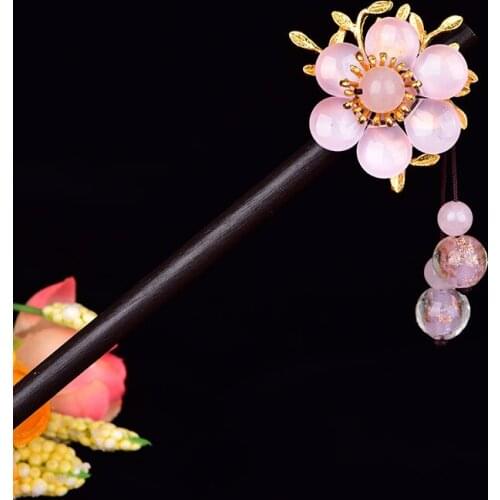 Classical Ancient Style Elegant Powder Crystal Wooden Hair Stick Temperamental Coloured Glaze Leaves Dignified Hair Jewelry