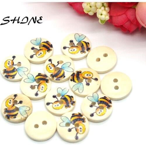 24PCs 15mm Wooden Sewing Buttons Scrapbooking Bee Painting Round Two Holes Costura Botones Decorate bottoni botoes W1006