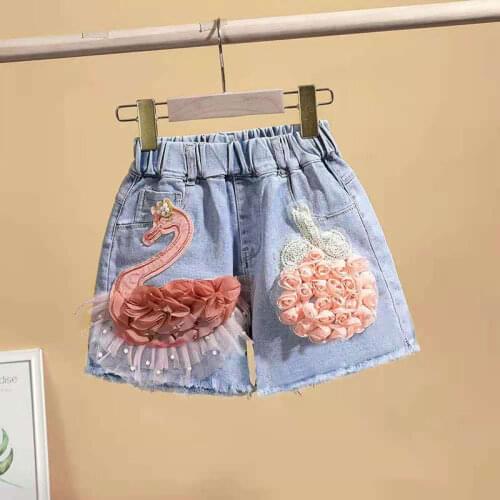 Kids Clothing for Girls Jean Shorts 2021 Summer New Swan Girl Hot Pants Children Denim Shorts Outwear