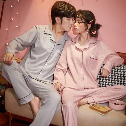 Couples Home Service Cotton Kawaii Plaid Pink Ladies Pajamas Winter Warm And Comfortable Long-sleeved Sleepwear