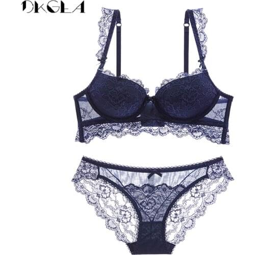 France Women Underwear Set Cotton Sexy Lace Blue Bras Thick Push-Up Bra Set Comfortable Brassiere Embroidery Lingerie 3/4 Cup