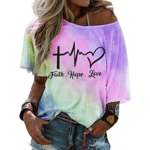 T-shirt Short Sleeve Loose Female Women Oblique Shoulder Printing T-shirt for Work