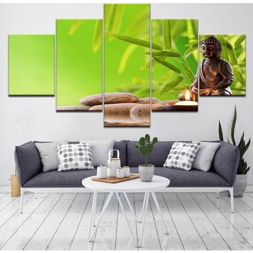 China Bamboo Thai Buddha Statue 5 Pcs Modular Canvas Wall Painting Art Modern Home Decoration Wall Art Picture Home Decor Artwor