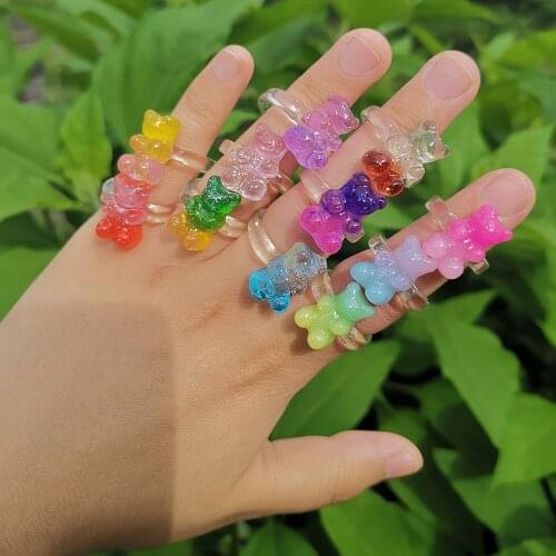 Last Lady New Fashion Candy Colors Womens Rings Transparent Resin Cute Bear Creativity Jewelry Party Accessories Wholesale