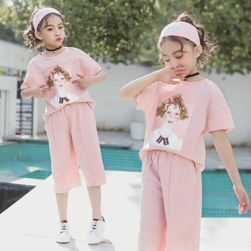 Girls Clothing Sets Middle School Teenage Costume for Kids Summer Clothes Face Print Pink Two Pieces Top Shirt+ Wide Leg Pants