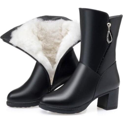 Cowhide Rhinestone Women Winter Boots Fashion Shoes Woman In-tube Knight Boots Plus Size High Heels Winter Shoes Warm Snow Boots