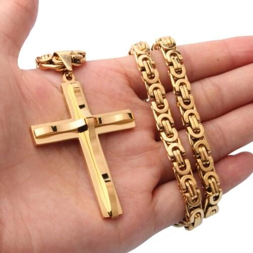 Cool Gold Christ Cross Pendant Necklace Male Sturdy Stainless Steel Crucifix Link Chains Religious Jewelry Body Statement Gift