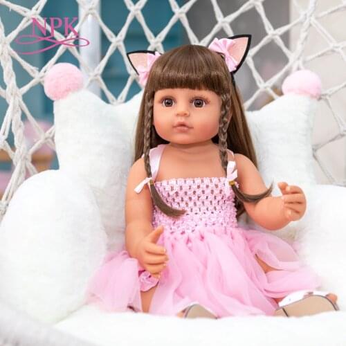 NPK 55CM princess Real size brown tan skin reborn toddler girl pink bath toy very soft full body silicone girl doll surprice
