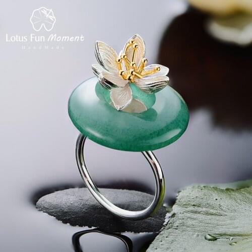 Lotus Fun Moment Real 925 Sterling Silver Natural Green Stone Flower Ring Fashion Jewelry Lotus Whispers Ring for Women Bijoux