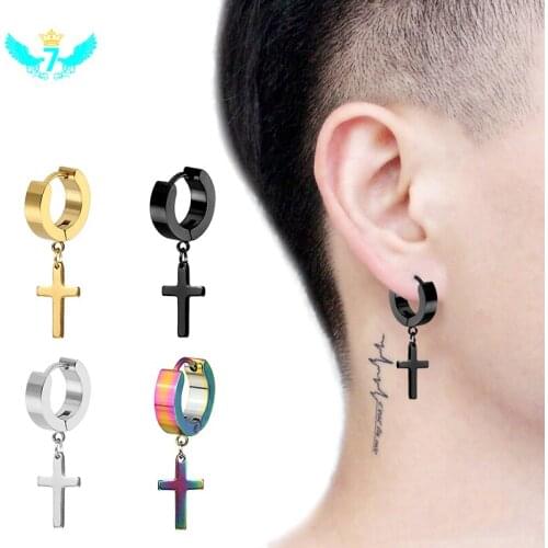 Punk Men Ear Stud Circle Round Cross Earrings for Men Small Crucifix Cuff Earings Jewelry TOA