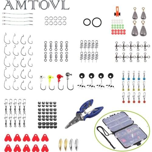 AMTOVL 188Pcs/Box Fishing Accessories Tackle Kit Including Jig Hooks Swivel Snaps Sinkers Split Rings Beads with Fishing Tackle