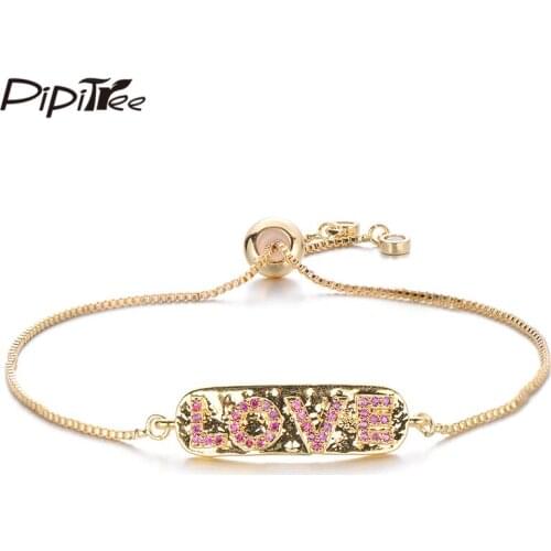 Pipitree Romantic Love Letter Tag Charm Bracelet Cubic Zirconia Jewelry Couple Lovers Bracelets for Women Valentines Day Gift