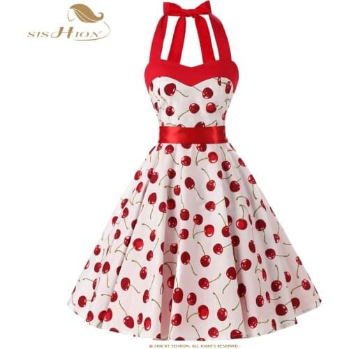 SISHION Black White Dress Halter Sleeveless Floral Cherry Print 50s Vintage Dress Plus Size Cotton Beach Summer Dresses VD0528
