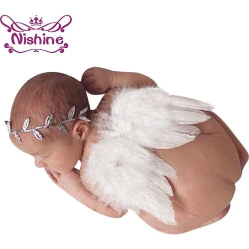 Nishine Newborn Photography Props Accessories Girls Angel Feather Wings With Gold Silver Leaves Headband Newborn Fotografia