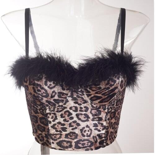 Gothic Brown Leopard & Black Feathers Crop Top Women Sleeveless Sexy Bra Party Clubwear Slim Rave Streetwear Top Tees Harajuku