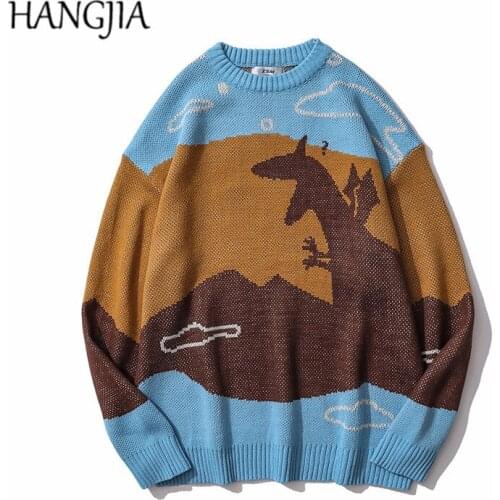Harajuku Funny Dinosaur Print Embroidery Pullover Knitwear Women 2021 Loose Casual Japanese Streetwear Knitting Sweater for Men