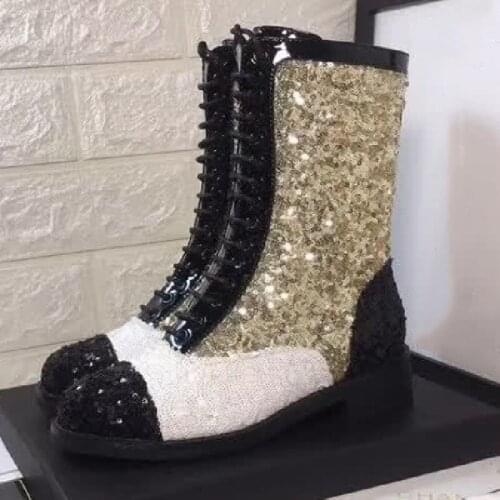 Women Shoes Mixed Color Mid Heel Ankle Boots Lace Up Autumn Winter Shoes Casual Shoes Woman Bling Zapatos De Mujer Round Toe New