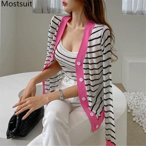 2021 Summer Striped Knitted Cardigan With Vest Women Full Sleeve V-neck Single Breasted Sweater Korean Elegant Ladies Jumpers