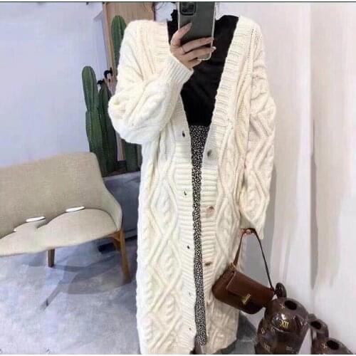 Women Winter Autumn Sweater Thicken Oversize Coat Temperament Twist Long Jacket Single Breasted V-Neck Warmth Fashion Overcoat