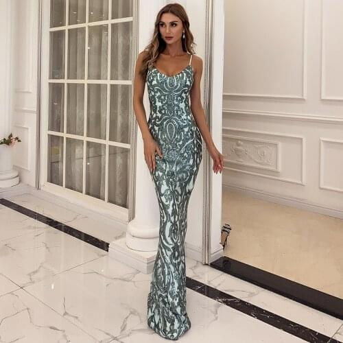 Women Elegant Spaghetti Strap Night Club Long Dress Backless V-neck Bodycon Maxi Floor-length Shining Party Dresses