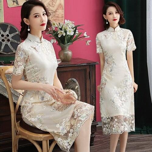 New Arrival White Lace Chinese Womens Elegant Qipao Classic Slim Dress Cheongsam Sexy Embroidery Dress Clothing Size S - XXL