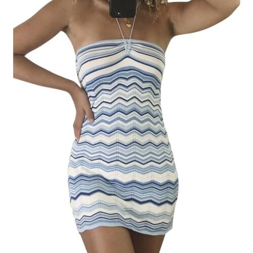 Sexy tube top Vintage Wave Striped Y2K Knitted Mini Dresses Aesthetic Cute Bodycon Halter Dress Summer Korean Backless Outfits