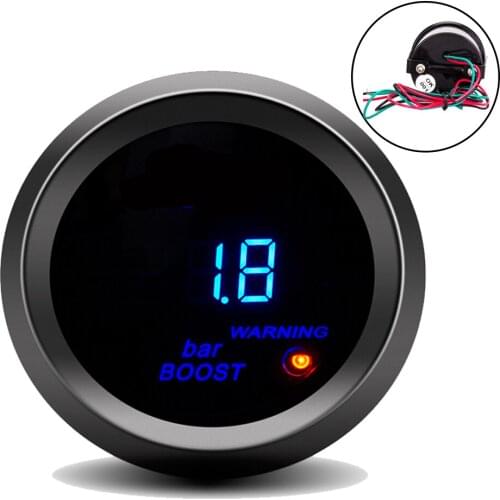1-2 Bar Digital Display Turbo Boost Gauge 2" 52MM Racing Gauge with Warning Light Blue LED Digital Gauge for 12V Vehicle Car