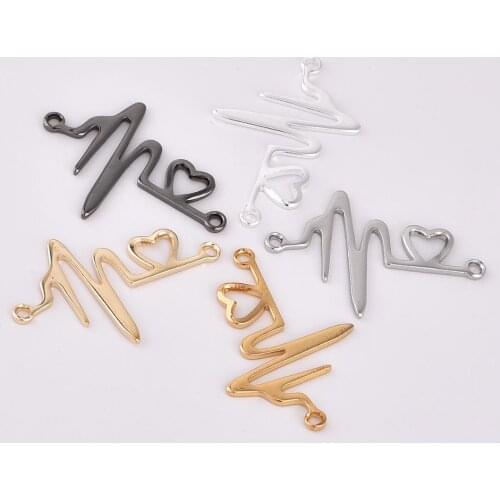 10PCS / Copper Heart Charm Double Hole ECG Pendant for DIY Necklace Bracelet Jewelry