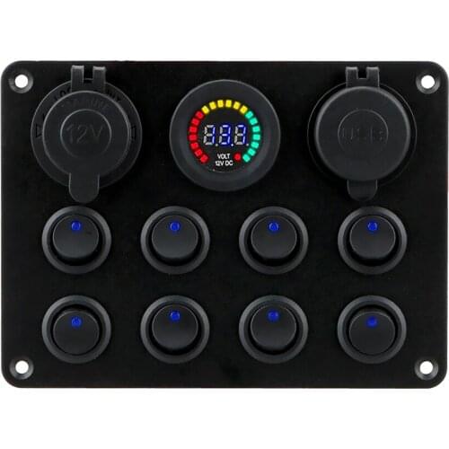 12-24V For Car Truck ATV UTV Caravan Car Push Button Switch 8 Gang Circuit Breaker Toggle Switch Panel Dual USB Charger