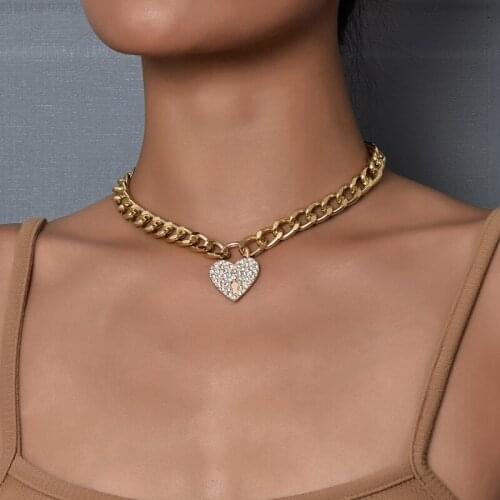 2020 Fashion Full Rhinestone Heart Y Shape Pendant Necklaces for Women Girl Gold Color Metal Wide Chain Choker Party Necklace