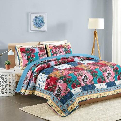 240*260cm Fashion Pastoral Style Flower Printing Splicing Tartan Design Cotton Quilt Sets Washable Summer Bedspreads