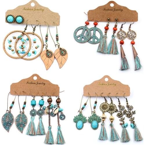 3pairs/set Vintage Leaf Flower Drop Earrings Set Women BOHO Tassel Geometric Crystal Stone Earring New DIY Bohemian Jewelry