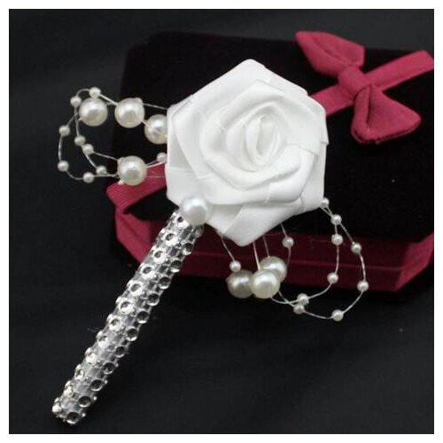 4Pcs/Lot HandMade Groom Boutonniere White Ribbon Rose Wedding Bouquet Flower Groomsmen Corsages Party Prom Man Suit Accessories