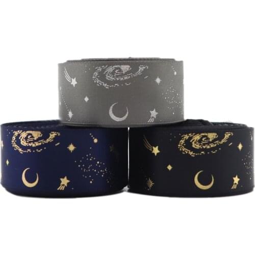50 Yards 1" 25MM Satin Ribbon Hot Stamping Gold And Silver Starry Sky Series Printed Bow Ribbon DIY Crafts Handmade Accessories