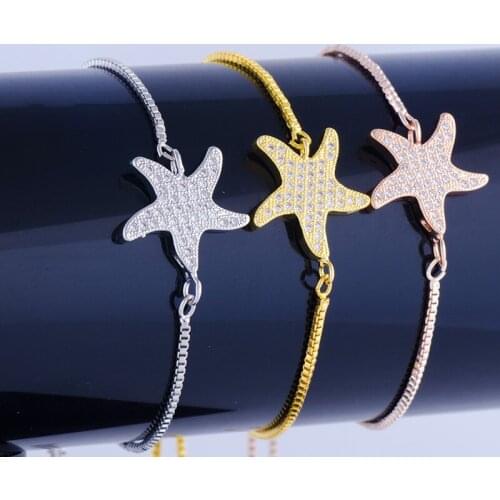Shining Micro Pave Zircon Crystal Starfish Charms Bracelets Handmade Copper Square Chain Womens Bracelets Diy Pulseira Feminina