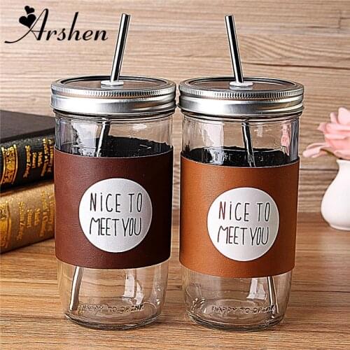 Arshen Big Promotion! 700ml Transparent Tinplate Jar Glass Juice Cold Drink Water Bottle With 304 Stainless Steel Straw 2 Color