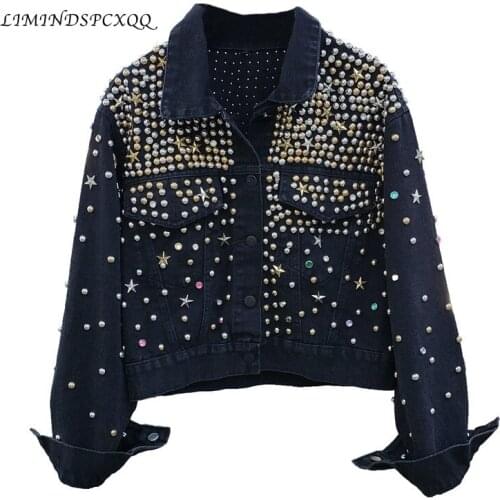 Black Denim Jackets Woman 2020 Spring Autumn New Heavy Industry Rivet Beaded Colorful Diamond Denim Cropped Jacket Coat Chaqueta