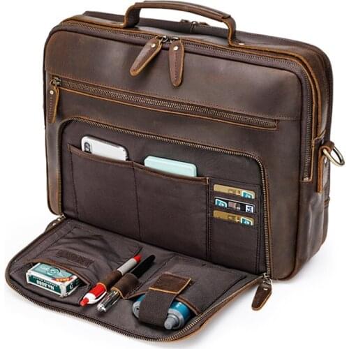 Men Genuine Leather Handbag 15.6 inch Laptop Briefcase Male Top Real Cow Leather Shoulder Bag Business Portfolio for Document A4