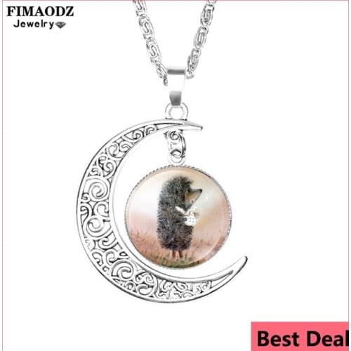 FIMAODZ Hedgehog In The Fog Moon Necklace Cartoon Animal Picture Glass Crystal Alloy Pendant Necklaces Women Statement Jewelry