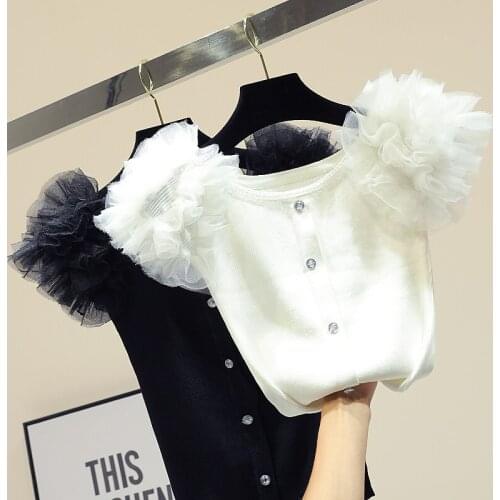 Spring Summer T-shirt Women Thin Slim Bodycon Knitted Tshirt Mesh Puff Sleeve Stitching Ice Silk Short Sleeve T Shirts Top Femme