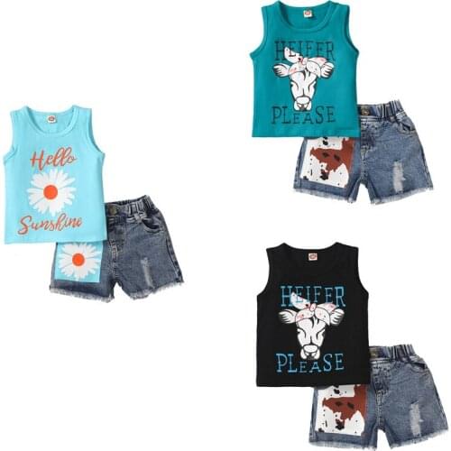 Children Summer Casual 2Pcs Clothes Set, O-Neck Printed Pattern Vest + Elastic Waist Denim Shorts, Black/ Green/ Blue 1-5Years