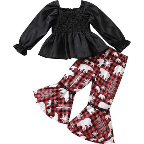 1-4Y Fashion Children Girls Christmas Clothing Sets Long Sleeve Pullovers Tops+Cartoon Plaid Flare Pants Outfits