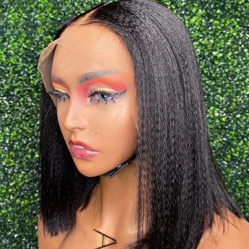 Short Cut Bob Yaki Black Kinky Straight Lace Front Wig For Women Human Remy Hair Babyhair Preplucked Brazilian Can Dye Permed