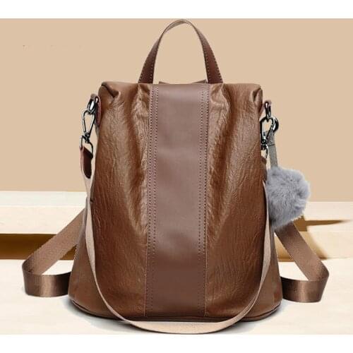 Fashion Quality PU Leather Anti-theft Women Backpack Large Capacity Hair Ball School Bag Teenage Girls Female Travel Bags Y15