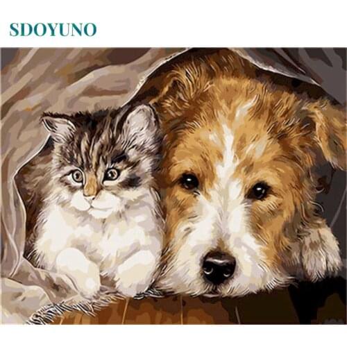 SDOYUNO DIY Oil Painting By Numbers Animals 60x75cm Paint By Numbers On Canvas Dog And Cat Frameless Handpaint Home Decor